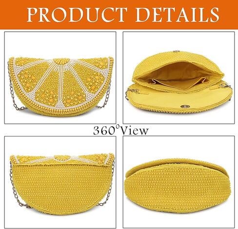 LONGING TO BUY محفظة كلاتش مطرزة بشرائح الليمون، حقيبة سهرة صفراء مع حزام سلسلة، تصميم مبتكر على شكل فاكهة in Kuwait