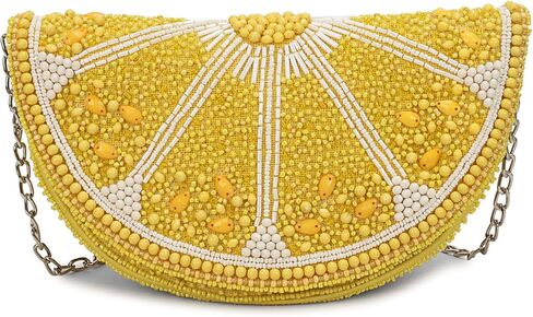 LONGING TO BUY محفظة كلاتش مطرزة بشرائح الليمون، حقيبة سهرة صفراء مع حزام سلسلة، تصميم مبتكر على شكل فاكهة in Kuwait