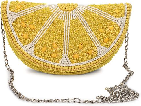 LONGING TO BUY محفظة كلاتش مطرزة بشرائح الليمون، حقيبة سهرة صفراء مع حزام سلسلة، تصميم مبتكر على شكل فاكهة in Kuwait
