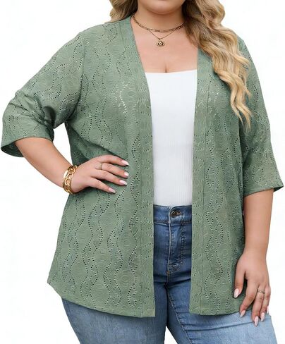 سترة نسائية صيفية خفيفة الوزن بمقاس كبير نصف كم من نسيج الجاكار مفتوحة من الأمام كيمونو كارديجان (1X-5X) in Kuwait