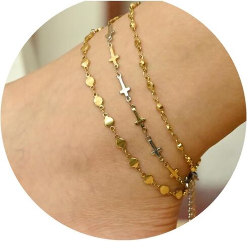 أساور الكاحل الذهبية/الفضية للنساء، خلخال ذهبي عيار 14 قيراط للنساء مجموعة خلخال من خرز القلب المقاوم للماء أساور خلخال متقاطعة للنساء هدية مجوهرات ذهبية in Kuwait