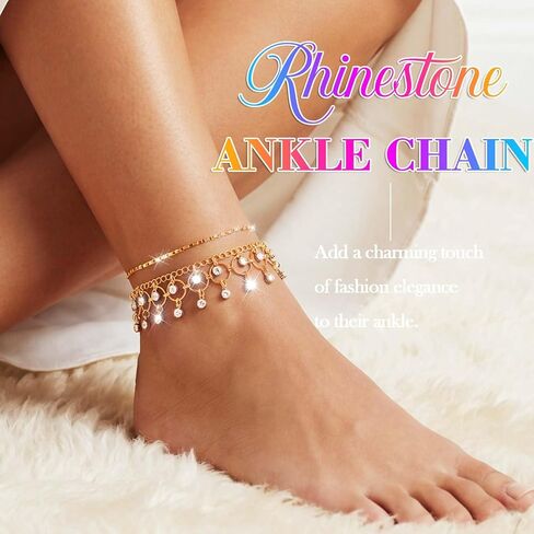 Nicute Tassel Ankle Bracelets Sparkly Rhinestone Link Chain Anklets Beach Foot Accessory Sets for Women in Saudi Arabia