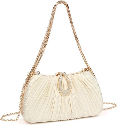 Women‘s Pleated Satin Clutch Purse， Evening Bag with Rhinestone Clasp & Detachable Chain， Formal Party Wedding Handbag in Saudi Arabia