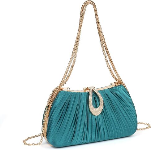 Women‘s Pleated Satin Clutch Purse， Evening Bag with Rhinestone Clasp & Detachable Chain， Formal Party Wedding Handbag in Saudi Arabia
