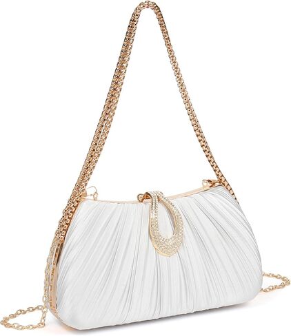 Women‘s Pleated Satin Clutch Purse， Evening Bag with Rhinestone Clasp & Detachable Chain， Formal Party Wedding Handbag in Saudi Arabia