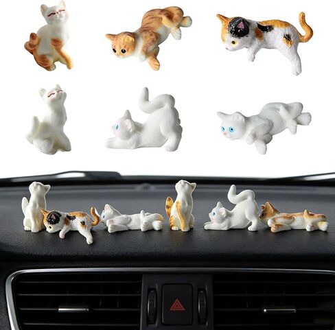 مجموعة ديكور لوحة القيادة على شكل قطة لطيفة مكونة من 6 قطع - إكسسوارات داخلية صغيرة للسيارة من الراتنج، زينة مرآة الرؤية الخلفية المضحكة وديكور مكتب Kawaii للأولاد والبنات، هدية تزيين السيارة العالمية (النمط 3) in Kuwait