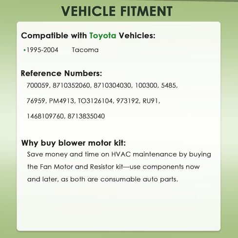 طقم محرك ومقاوم سخان HVAC متوافق مع Toyota Tacoma 1995-2004 - استبدال # 700059 RU91 in Kuwait