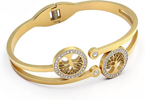 Gold Tree of Life Bangle Bracelet for Women, 18K Gold Plated Stainless Steel Double Layer Spring-Open Bangle, Meaningful Dainty Jewelry Gift for Mom Wife in Saudi Arabia