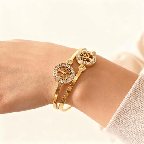 Gold Tree of Life Bangle Bracelet for Women, 18K Gold Plated Stainless Steel Double Layer Spring-Open Bangle, Meaningful Dainty Jewelry Gift for Mom Wife in Saudi Arabia