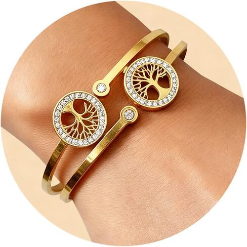 Gold Tree of Life Bangle Bracelet for Women, 18K Gold Plated Stainless Steel Double Layer Spring-Open Bangle, Meaningful Dainty Jewelry Gift for Mom Wife in Saudi Arabia