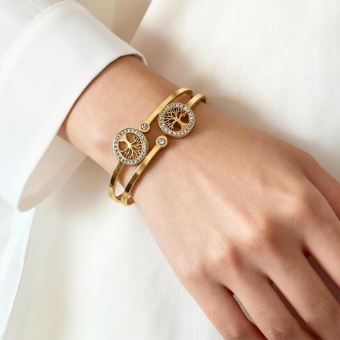 Gold Tree of Life Bangle Bracelet for Women, 18K Gold Plated Stainless Steel Double Layer Spring-Open Bangle, Meaningful Dainty Jewelry Gift for Mom Wife in Saudi Arabia