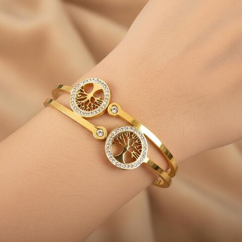 Gold Tree of Life Bangle Bracelet for Women, 18K Gold Plated Stainless Steel Double Layer Spring-Open Bangle, Meaningful Dainty Jewelry Gift for Mom Wife in Saudi Arabia