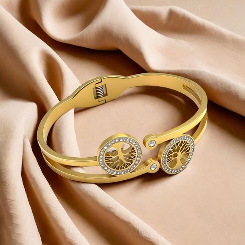 Gold Tree of Life Bangle Bracelet for Women, 18K Gold Plated Stainless Steel Double Layer Spring-Open Bangle, Meaningful Dainty Jewelry Gift for Mom Wife in Saudi Arabia