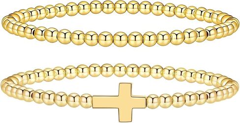 Gold Beaded Bracelets for Women 14K Gold Cross Bracelet Handmade Stackable Bracelets for Women Trendy Non Tarnish Bracelet Jewelry Gift for Women 2Pcs in Saudi Arabia