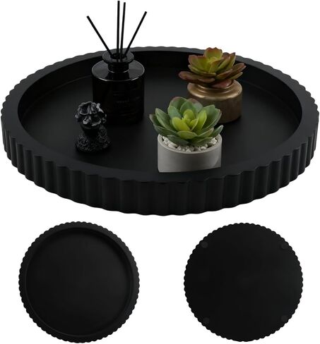 صينية ديكور لطاولة القهوة مقاس 11 بوصة، صواني تقديم ديكور منزلي خرسانية مستديرة سوداء لطاولة مميزة، طاولة وحدة التحكم للمطبخ، غرفة المعيشة، ديكور المنزل (أسود) in Kuwait