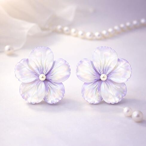 Lavender Mother of Pearl and Cultured Freshwater Pearl Flower .925 Sterling Silver Post Earrings in Saudi Arabia