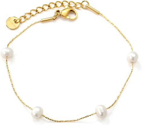 Dainty Freshwater Pearl Bracelet for Women, 18K Gold Plated Stainless Steel Beaded Chain with 4 Natural Pearls, Elegant Handmade Jewelry Gift for Her, Trendy Everyday Wear Accessory in Saudi Arabia