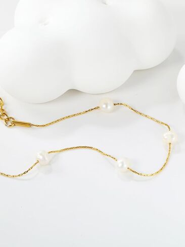 Dainty Freshwater Pearl Bracelet for Women, 18K Gold Plated Stainless Steel Beaded Chain with 4 Natural Pearls, Elegant Handmade Jewelry Gift for Her, Trendy Everyday Wear Accessory in Saudi Arabia