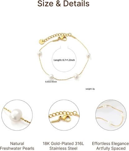 Dainty Freshwater Pearl Bracelet for Women, 18K Gold Plated Stainless Steel Beaded Chain with 4 Natural Pearls, Elegant Handmade Jewelry Gift for Her, Trendy Everyday Wear Accessory in Saudi Arabia
