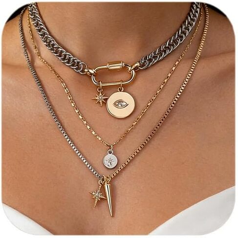 قلادات ذهبية الطبقات للنساء، قطعتين/3 قطع مجموعة قلادات معدنية مختلطة مع سلاسل قلادات ذهبية وفضية مع عين شريرة، نجمة وسحر سبايك، قلادات مكتنزة للنساء وقلادة مكدسة مجوهرات عصرية هدايا عيد ميلاد لحشو سلة عيد الفصح in Kuwait