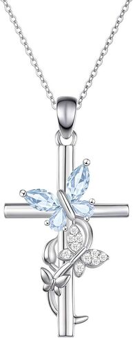 Cross Birthstone Necklace for Women, 925 Sterling Silver Butterfly Cross Pendant, Faith Christian Religious Jewelry Baptism Confirmation Gift Valentine Birthday Present for Her Wife Girlfriend Mom in Saudi Arabia