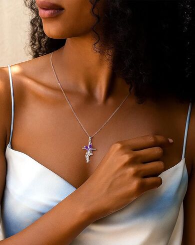 Cross Birthstone Necklace for Women, 925 Sterling Silver Butterfly Cross Pendant, Faith Christian Religious Jewelry Baptism Confirmation Gift Valentine Birthday Present for Her Wife Girlfriend Mom in Saudi Arabia