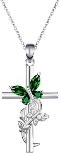 Cross Birthstone Necklace for Women, 925 Sterling Silver Butterfly Cross Pendant, Faith Christian Religious Jewelry Baptism Confirmation Gift Valentine Birthday Present for Her Wife Girlfriend Mom in Saudi Arabia