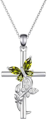 Cross Birthstone Necklace for Women, 925 Sterling Silver Butterfly Cross Pendant, Faith Christian Religious Jewelry Baptism Confirmation Gift Valentine Birthday Present for Her Wife Girlfriend Mom in Saudi Arabia