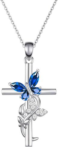 Cross Birthstone Necklace for Women, 925 Sterling Silver Butterfly Cross Pendant, Faith Christian Religious Jewelry Baptism Confirmation Gift Valentine Birthday Present for Her Wife Girlfriend Mom in Saudi Arabia