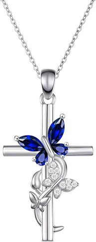 Cross Birthstone Necklace for Women, 925 Sterling Silver Butterfly Cross Pendant, Faith Christian Religious Jewelry Baptism Confirmation Gift Valentine Birthday Present for Her Wife Girlfriend Mom in Saudi Arabia