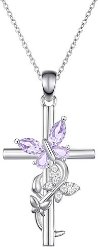 Cross Birthstone Necklace for Women, 925 Sterling Silver Butterfly Cross Pendant, Faith Christian Religious Jewelry Baptism Confirmation Gift Valentine Birthday Present for Her Wife Girlfriend Mom in Saudi Arabia