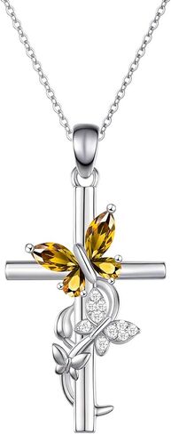 Cross Birthstone Necklace for Women, 925 Sterling Silver Butterfly Cross Pendant, Faith Christian Religious Jewelry Baptism Confirmation Gift Valentine Birthday Present for Her Wife Girlfriend Mom in Saudi Arabia
