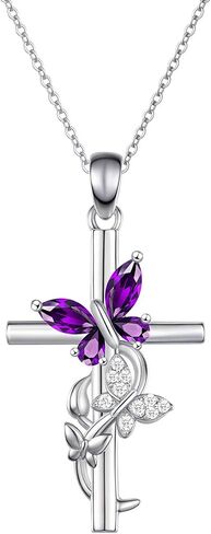 Cross Birthstone Necklace for Women, 925 Sterling Silver Butterfly Cross Pendant, Faith Christian Religious Jewelry Baptism Confirmation Gift Valentine Birthday Present for Her Wife Girlfriend Mom in Saudi Arabia