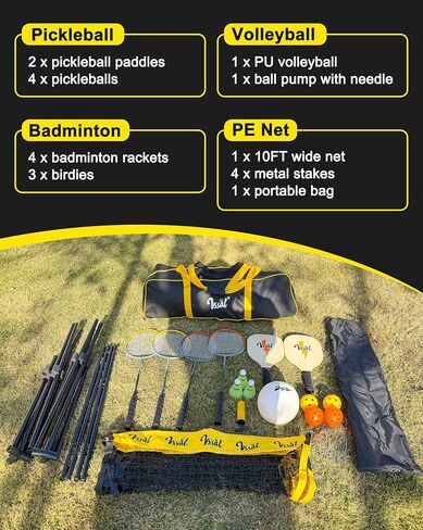 vssal 17ft المحمولة كرة الريشة بيكلبول للأطفال مجموعات الكرة الطائرة مع شبكة للساحات الخلفية، ارتفاع قابل للتعديل (7ft ماكس)، مضارب قائمة بذاتها مجموعة درب في الهواء الطلق in Kuwait