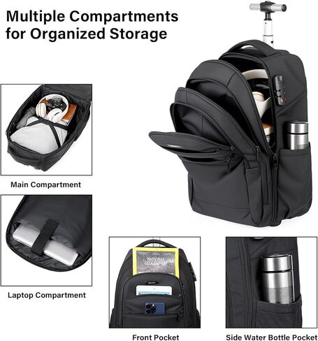 Rolling Backpack, 17 inch Laptop Backpack with Wheels, Carry on Luggage Business Bag with USB Charging Port, Combination Lock, Travel Roller Backpack in Kuwait