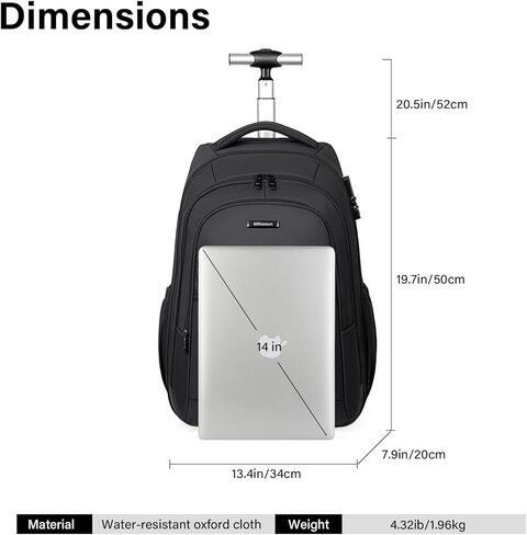 Rolling Backpack, 17 inch Laptop Backpack with Wheels, Carry on Luggage Business Bag with USB Charging Port, Combination Lock, Travel Roller Backpack in Kuwait