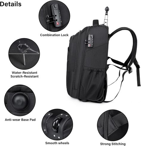 Rolling Backpack, 17 inch Laptop Backpack with Wheels, Carry on Luggage Business Bag with USB Charging Port, Combination Lock, Travel Roller Backpack in Kuwait