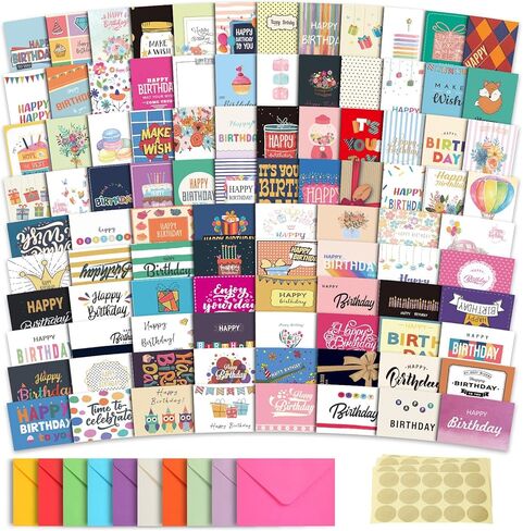 100 Unique Birthday Cards with Envelopes - Assorted Happy Birthday Cards, 4 x 6 inches, Envelopes & Stickers in Bulk Boxed Set in Kuwait
