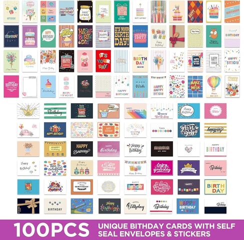 100 Unique Birthday Cards with Envelopes - Assorted Happy Birthday Cards, 4 x 6 inches, Envelopes & Stickers in Bulk Boxed Set in Kuwait