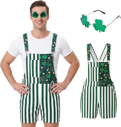St Patricks Day Overalls Set,Irish Green Overalls mit Shamrock Glasses,St Patricks Day Costumes for Men Women in Kuwait