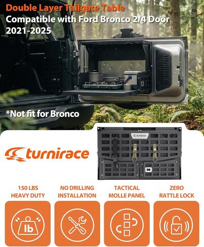 طاولة الباب الخلفي مع لوحة مولي متوافقة مع Ford Bronco 2/4 Door 2021 2022 2023 2024 2025، رف تخزين للباب الخلفي بطبقة مزدوجة قابل للطي، تم تجميعه مسبقًا (غير مناسب لرياضة برونكو) in Kuwait