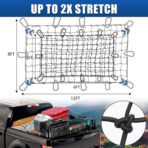شبكة شحن شديدة التحمل لسرير شاحنة الالتقاط، مقاس 4 × 6 بوصة، تمتد إلى 8 × 12 بوصة، شبكة بنجي من اللاتكس مقاس 4 × 4 بوصة مع 12 حلقة تسلق معدنية، متوافقة مع دودج رام، تشيفي، فورد، تويوتا، فان مقطورة in Kuwait