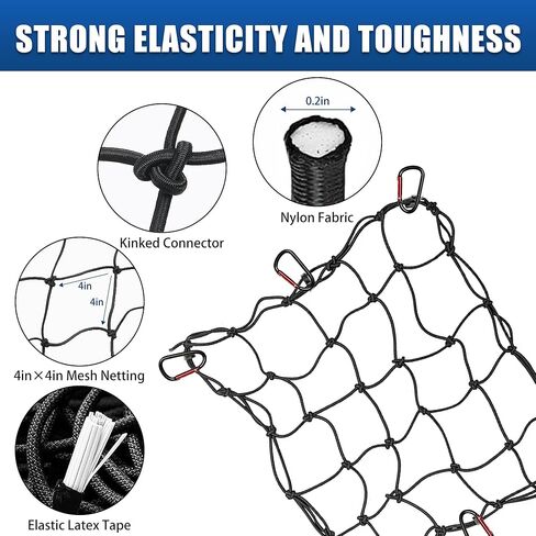 شبكة شحن شديدة التحمل لسرير شاحنة الالتقاط، مقاس 4 × 6 بوصة، تمتد إلى 8 × 12 بوصة، شبكة بنجي من اللاتكس مقاس 4 × 4 بوصة مع 12 حلقة تسلق معدنية، متوافقة مع دودج رام، تشيفي، فورد، تويوتا، فان مقطورة in Kuwait