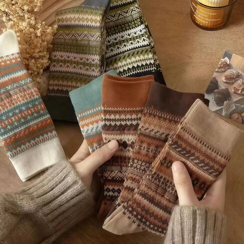 7 أزواج من الجوارب الرقيقة من Nordic Boho Crew للنساء والرجال - جوارب دافئة مريحة مع نمط مطرز عتيق للشتاء in Saudi Arabia