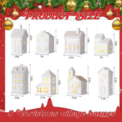 Soaoo 29 Pcs Ceramic Christmas Village Set 8 Led Village Houses 12 Christmas Trees 4 Snowmen 4 Benches and Fake Snow; White Porcelain House Xmas Tabletop Scenes Decoration in Saudi Arabia
