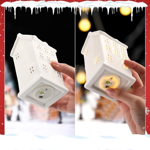 Soaoo 29 Pcs Ceramic Christmas Village Set 8 Led Village Houses 12 Christmas Trees 4 Snowmen 4 Benches and Fake Snow; White Porcelain House Xmas Tabletop Scenes Decoration in Saudi Arabia
