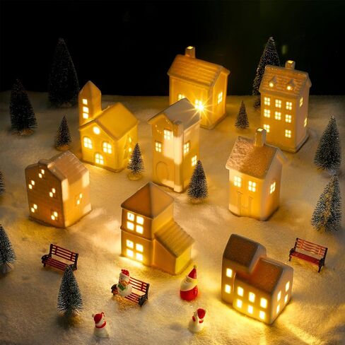 Soaoo 29 Pcs Ceramic Christmas Village Set 8 Led Village Houses 12 Christmas Trees 4 Snowmen 4 Benches and Fake Snow; White Porcelain House Xmas Tabletop Scenes Decoration in Saudi Arabia