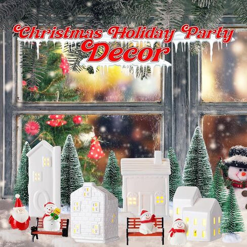 Soaoo 29 Pcs Ceramic Christmas Village Set 8 Led Village Houses 12 Christmas Trees 4 Snowmen 4 Benches and Fake Snow; White Porcelain House Xmas Tabletop Scenes Decoration in Saudi Arabia