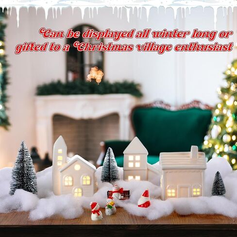 Soaoo 29 Pcs Ceramic Christmas Village Set 8 Led Village Houses 12 Christmas Trees 4 Snowmen 4 Benches and Fake Snow; White Porcelain House Xmas Tabletop Scenes Decoration in Saudi Arabia