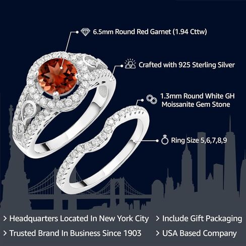 مجموعة زفاف من Gem Stone King 1.94 Cttw من العقيق الأحمر والمويسانتي الأبيض لحفلات الزفاف | 925 فضة استرلينية | جوهرة الميلاد الأحجار الكريمة | متوفر بمقاسات 5، 6، 7، 8، 9 in Saudi Arabia